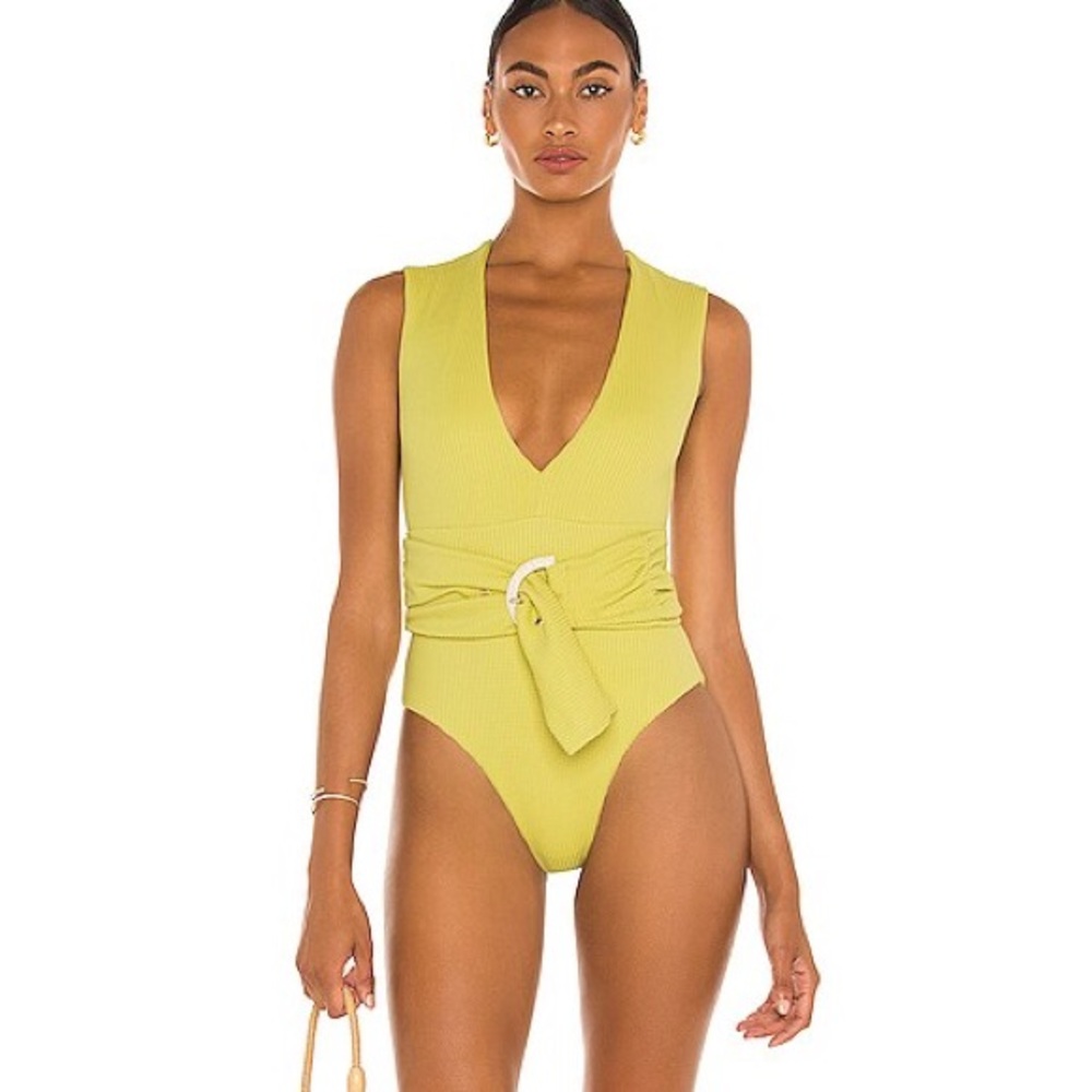 Sleeveless V-Neck Yellow One-Piece Swimsuit with Waist Tie NO BELT